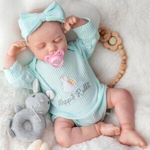 18nch Soft Cloth Body Newborn Baby Doll Poseable Limbs Green Rabbit Doll Girl